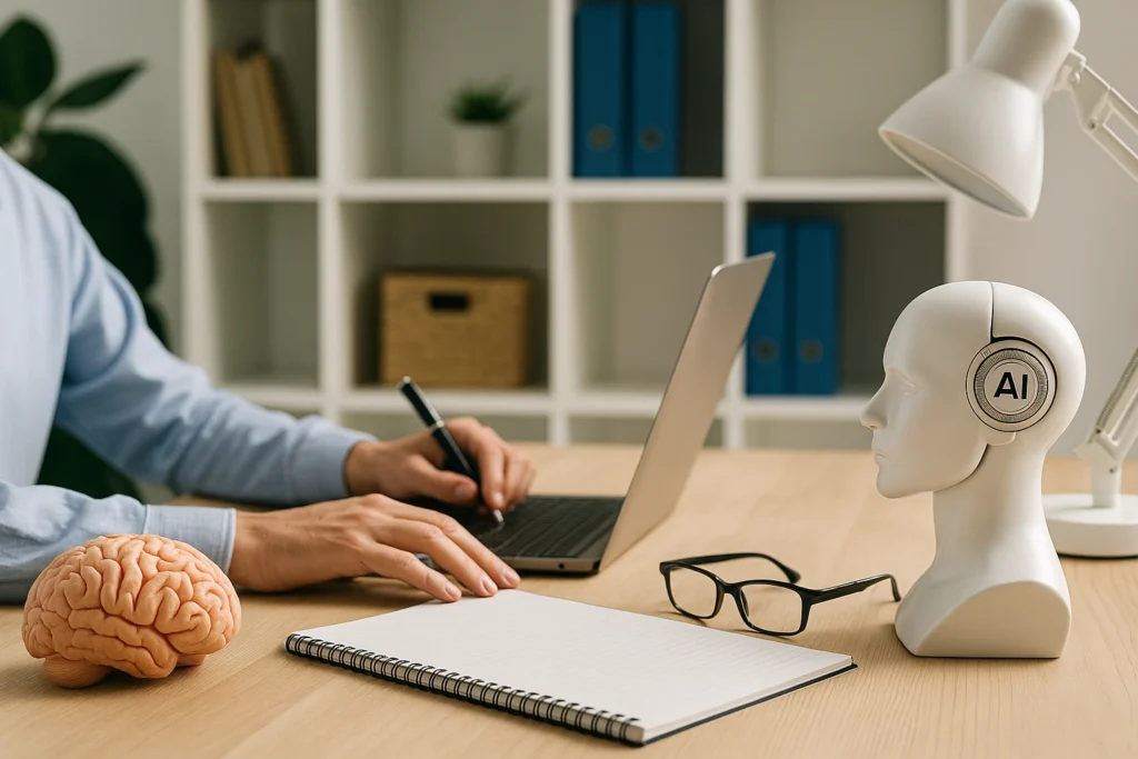 Person working at a laptop next to a brain model and AI bust, representing a modern blend of intelligence and tools that can change how you work and discover better ways to focus.